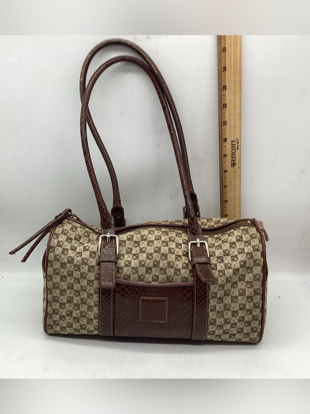 Brown Patterned Canvas and Leather Satchel Handbag